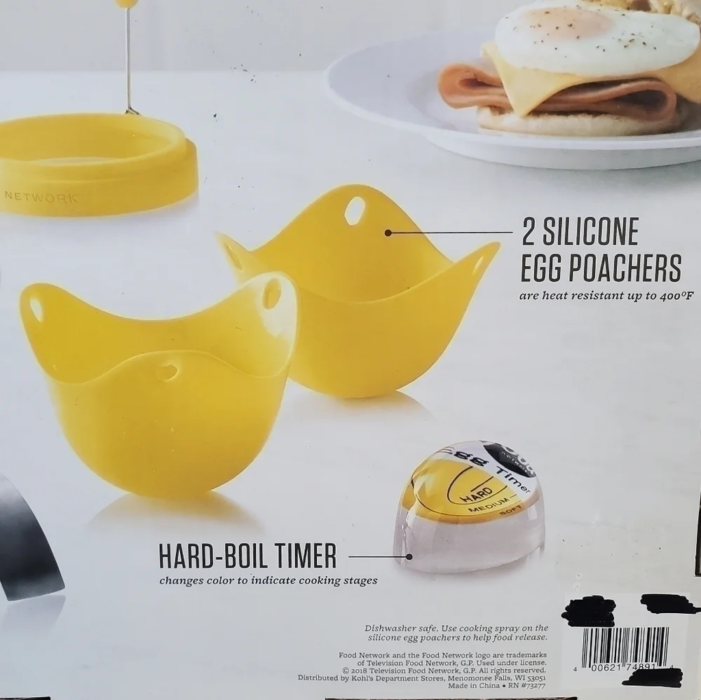 FOOD Network 6 Piece Egg Set Yolk Separator Egg Poachers Frying Rings Timer NIB